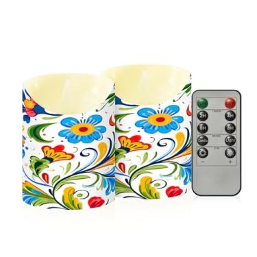 Imagem de Wassud Pacote com 2 velas coloridas sem chamas com padrão de flores com controle remoto, velas realistas cintilantes com temporizador, velas decorativas para Natal, casamento, festa, decoração de casa