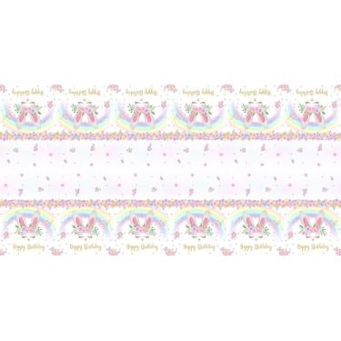 Imagem de MEHOFOND Pacote com 3 toalhas de mesa de aniversário de coelho, toalha de mesa de plástico descartável para Páscoa, 137 x 274 cm, artigos de festa de aniversário de coelhinho arco-íris, capa de mesa