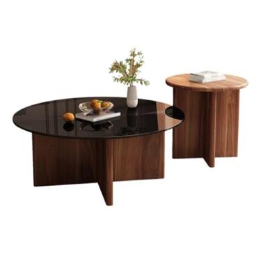 Imagem de Simple Modern Round Coffee Table set of 2, Wooden/glass Tabletop, Solid Wood Base, Cross-shaped Legs, Rounded Corners, Suitable for Living Room(A)