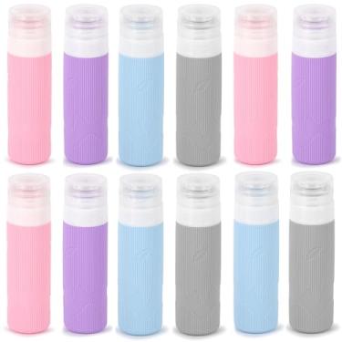 Imagem de Pacote com 12 frascos de higiene pessoal de viagem - recipientes de silicone à prova de vazamento de 85 g, acessórios de viagem recarregáveis para xampu, condicionador, loção, 4 cores