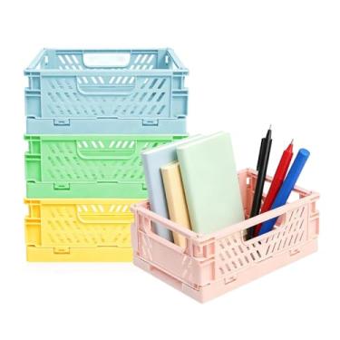 Imagem de Caixa dobrável, caixas de armazenamento, caixas de plástico dobráveis, caixas de armazenamento de plástico, recipientes de cesta pastel para sala de aula, cozinha, escritório, quarto, mesa, decoração