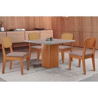 Imagem de Sala Jantar Mesa Maldivas Tampo c/ Vidro Curvo 90cm+4 Cadeiras Havana Naturale/Off White - Linho Capuccino - Rufato