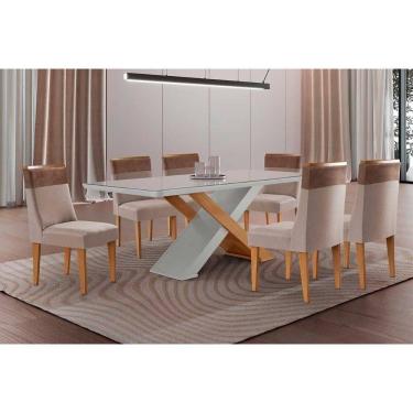 Imagem de Sala Jantar Mesa Imperatriz Tampo c/ Vidro Curvo 180cm+6 Cadeiras Jaspe Madeira Naturale/Off White - Capuccino/Suede Capuccino - Rufato
