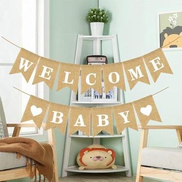 Imagem de Baby Welcome Banner de tecido de linho, guirlanda de decoração de berçário com letras, pendurar na parede de gênero neutro para celebração de chá de bebê