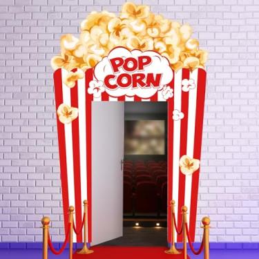 Imagem de Moukeren Bandeiras de sinalização de varanda de pipoca, decorações de festa noturna, tema de filme, faixas de porta, tapete vermelho, decorações de porta para Halloween, carnaval, pipoca, circo