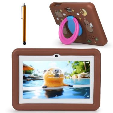 Imagem de Tablet Infantil Com 4+128GB, Gravação Com Duas Câmaras, Suporte Ajustável, Multifuncional Para Soletrar/Contar/Desenhar (Castanho)