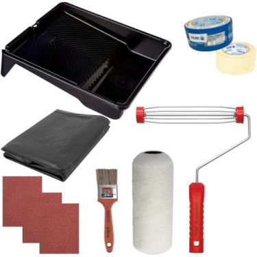 Imagem de Rolo 23cm + Suporte 23cm + Bandeja 2,7L + 3 Lixas 120 +Fita Crepe 48mmX50m + 3 Lixas 100 +Lona 2mx4m + Trincha 50mm