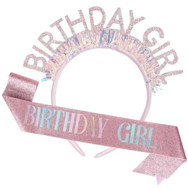 Imagem de Conjunto de Tiara e Faixa para Aniversariante, Faixa Aniversário Rosa Glitter Coroa com Confete Iridescente Acessório Cabeça para Festa Princesa Feminina