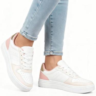 Imagem de Tênis Feminino Sneakers Branco Sola Tratorado Estilo Chunky Dourado - 
