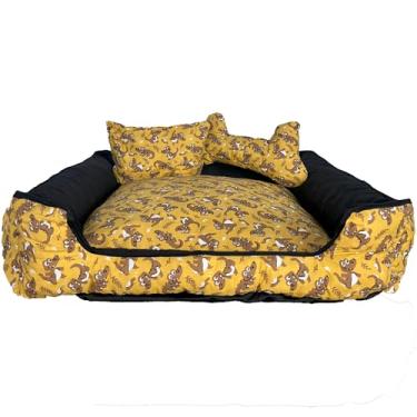 Imagem de Cama Pet Onix Extra Grande Quadrada Impermeável, Tecido Tricoline 100% Algodão, Azul com Estampa de Balões e Nuvens, 70x70x15 cm, com Almofada e Almofada Ossinho (Dino Amarelo)