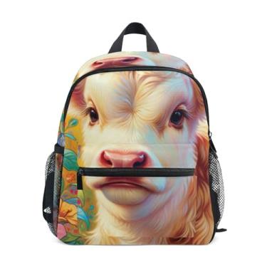 Imagem de Cute Highland Cow Calf Print Simple Modern Kids Backpack with Whistle, 2 Bottle Pockets, Lightweight, Pre School Backpack 10x4x12 In, for Ages 3-8
