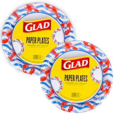 Imagem de Glad Pratos de papel descartáveis redondos, padrão de ondas de lagosta – Forte, resistente, à prova de imersão e pratos decorativos que podem ser colocados no micro-ondas para jantar e uso diário, 25