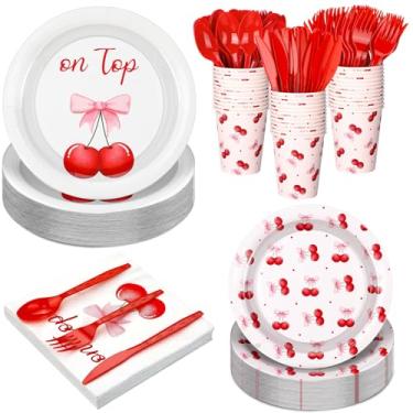 Imagem de Yungyan Conjunto de utensílios de mesa de festa She's the Cherry on Top, 252 peças, coquete, cereja, chá de bebê, pratos de despedida de solteira, guardanapos, copos, talheres para meninas, chá de