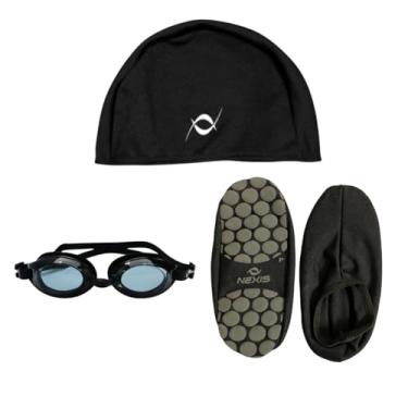 Imagem de Kit Óculos UV Natação Touca De Tecido Sapatilha Hidroginástica Antiderrapante (Touca Preto - Sapatilha Preto M)