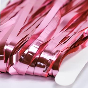 Imagem de Pacote com 2 cortinas de franja de alumínio rosa a laser, decorações rosa para o dia dos namorados, flâmulas metálicas para festa de casamento, despedida de solteira, formatura
