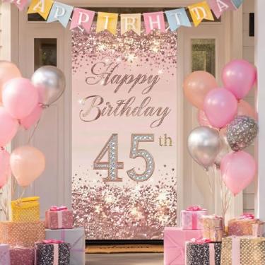 Imagem de BlissYard Capa de porta de aniversário de 45 anos 188 x 89 cm elegante faixa de aniversário de ouro rosa brilhante para mulheres número quarenta e cinco marcos celebração festa foto cabine adereço