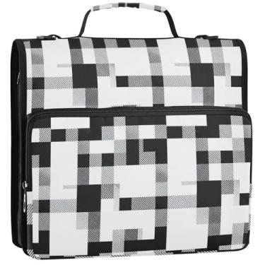 Imagem de Pasta organizadora de fichários de 3 anéis de 3 anéis, preto e branco, xadrez, com zíper, bolsa escolar com alça de ombro, estojo de armazenamento de estudantes com alça, 34,5 x 31,5 x 9 cm