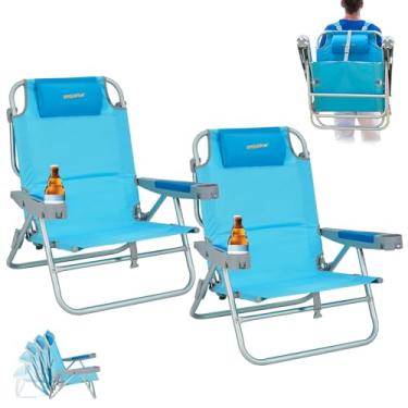 Imagem de #WEJOY Pacote com 2 cadeiras de praia grandes, 5 cadeiras de praia reclináveis dobráveis ajustáveis, cadeira baixa portátil com encosto alto com alça de mochila, abridor de garrafa, suporte de