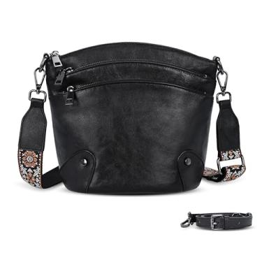 Imagem de HESHE Bolsas transversais de couro para mulheres, bolsas de ombro vintage com vários bolsos, bolsas transversais para viagens, Preto, Small, Casual