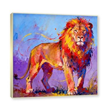 Imagem de NHLDZYH Moldura dourada. Quadro abstrato de leão - arte moderna com salpicos de cor vibrante - arte de parede energética para casa, escritório ou negócios - tela decorativa. A13. 60 x 60 cm.