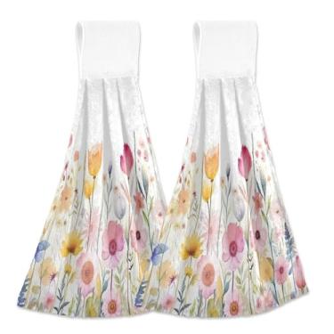 Imagem de xigua Conjunto de 2 toalhas de cozinha coloridas de flores silvestres, toalhas de cozinha macias e absorventes rápidas com laço para pendurar e adesivos mágicos, toalhas de mão de pano para pendurar
