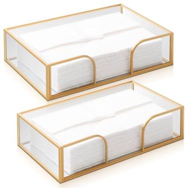 Imagem de LemonRoad Suporte de guardanapo quadrado dourado de 2 peças para mesa 23 x 13 cm suporte decorativo de guardanapo de coquetel cesta de papel plana de vidro para cozinha jantar buffet bar balcão festa