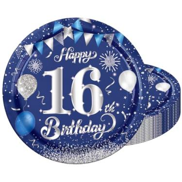Imagem de Cekivina 20 peças de pratos descartáveis de aniversário de 16 cm, 16, com tema azul e prata, pratos de papel resistentes, suprimentos de decoração de festa adolescente para meninos e meninas
