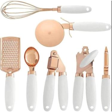 Imagem de Conjunto de Utensílios Cozinha Multifuncional 7 Peças Aço Inoxidável com Cabo Silicone Pelador Batedor Ovos Cortador Pizza Abridor Jars Prensa Alho Ra