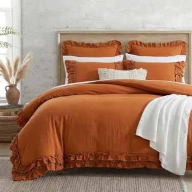 Imagem de Bedorm Conjunto de capa de edredom solteiro com babados, laranja queimado, renda enferrujada, babados, boêmio, chique, decoração de quarto, super macio, respirável, abóbora, estilo campestre francês
