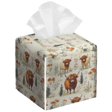 Imagem de Pacote com 2 caixas de lenços em aquarela para vacas Highland Cows Square Floral PU Leather Porta-lenços de papel facial à prova d'água para banheiro, cozinha, casa, escritório, carro