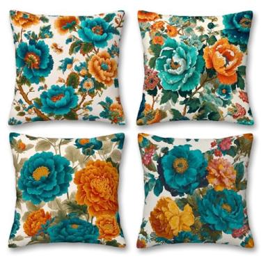 Imagem de YucZiken Conjunto de 4 fronhas florais Peony | Capas de almofada vintage para casa de fazenda | Decoração de casa rústica para sofá cama | Fronhas decorativas 45,7 x 45,7 cm | Almofadas decorativas