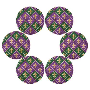 Imagem de Wassud Jogo americano conjunto de 6 tapetes redondos de diamante Mardi Gras Fleur De Lis para cozinha e jantar tapetes laváveis resistentes ao calor para decoração de mesa 39 cm