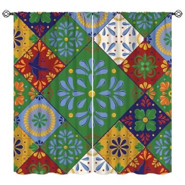 Imagem de Cortinas mexicanas Fiesta, estampa de azulejos de cerâmica Talavera, flores mexicanas, decoração com isolamento térmico, 2 painéis para sala de estar, quarto, 107 cm L x 114 cm C【Decoração】