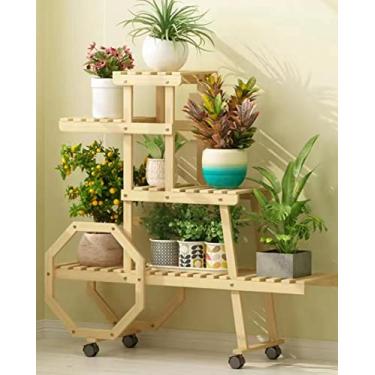 Imagem de Rack de varanda de madeira maciça, suporte de flores multicamadas para interior e exterior, orquídea para pendurar no chão, sala de estar, vaso de flores, adequado para jardim (cor de café 96 x 25 x