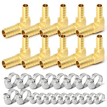 Imagem de GASHER 10 peças redutor de farpa de mangueira de latão, mangueira de farpa de 1,27 cm a 9,5 cm, cotovelo de ângulo reto de 90 graus L, com 20 braçadeiras de mangueira, redutor de farpa de latão com ajuste de emenda de combustível/ar/ar/água/óleo/gás/WOG