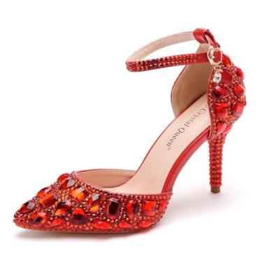 Imagem de Crystal Queen - Sandálias de Strass Azul Royal Salto Alto Fino Bico Fino Sapatos Modernos Sapatos de Salto Alto, Vermelho, 34