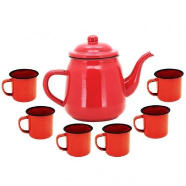 Imagem de Kit Agata Esmaltada Vermelho Com 1 Bule 1 Litro E 6 Canecas