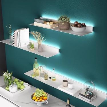 Imagem de Prateleiras flutuantes para decoração de parede, prateleira de parede de metal com luz LED, prateleira de exibição de livros iluminada, estante suspensa iluminada, para, bar, sala de estar, banheiro