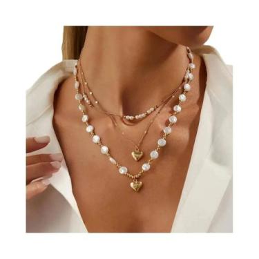 Imagem de Colar Feminino Multicamadas Boho Com Pingente De Coração De Pérola, El