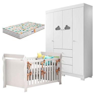 Imagem de Berço Americano Lara E Guarda Roupa Infantil Ane Branco Brilho Com Colchão Gazin – Phoenix Baby