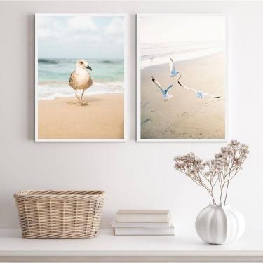 Imagem de Kit 2 Quadros Praia Neutro- Gaivotas 33X24Cm - Com Vidro