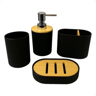 Imagem de  Kit Banheiro Bambu Preto Acessorios Saboneteira Porta Escova 4 Peças Decoração Lavabo