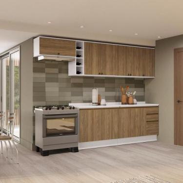 Imagem de Armário de Cozinha Completa 100% MDF 300cm Branco/Nogueira Celeste Kap