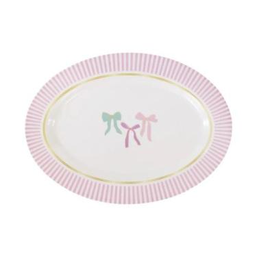 Imagem de Bandeja Oval Laços Rosa em Melamina Branca 35x25,5cm - Cromus