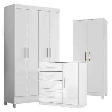 Imagem de Guarda Roupa Infantil Madri com Cômoda Vênus e Armário Multiuso Jade Branco Brilho – Moval