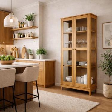 Imagem de Cristaleira de Vidro 2 Portas Madeira Maciça Marrom Elegante Cor:Freij