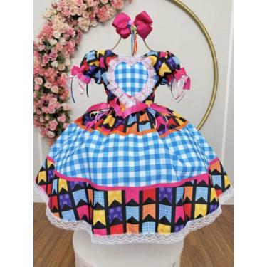 Imagem de Vestido Xadrez Festa Junina Infantil Azul Preto Coração Laços Junino C