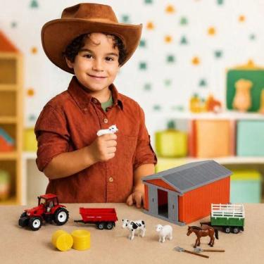 Imagem de Kit Agro Fazendinha Celeiro Mini Trator Carretinha Brinquedo Colorido 