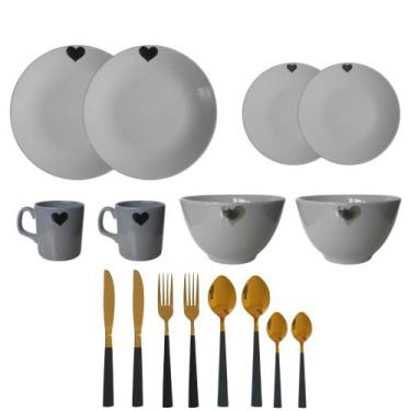 Imagem de Aparelho de Jantar e Talheres Aço Inox Dourado 16 Peças Serve 2 Pessoa