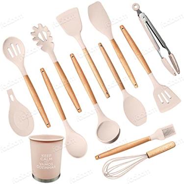 Imagem de 13 Peças Kit Utensílios Cozinha Silicone Colher Copo Suporte Cor:Rosa